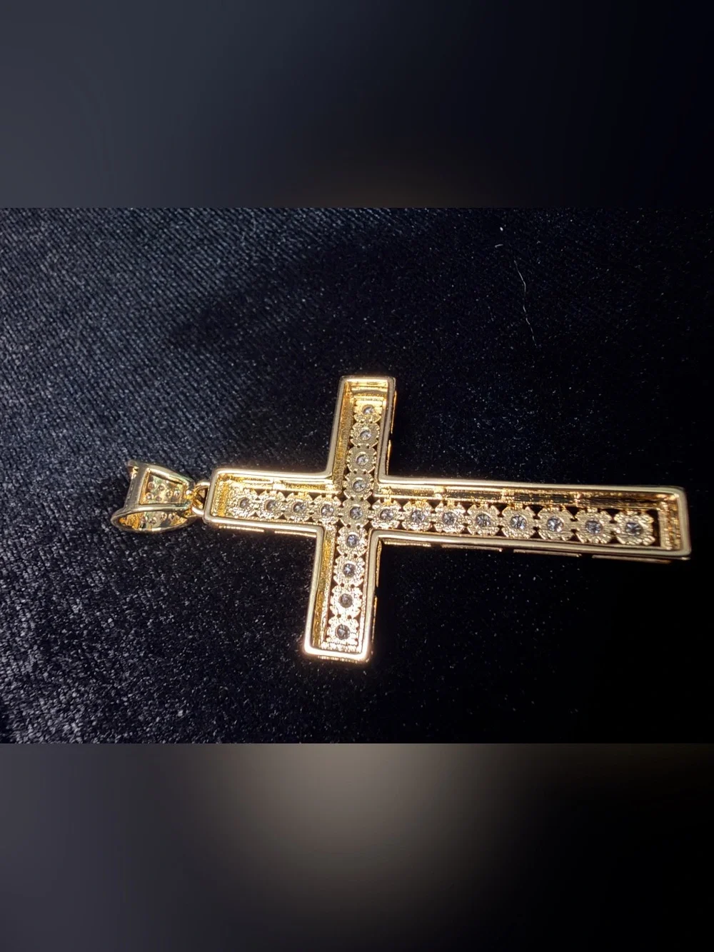 Iced Out Moissanite cross pendant 2.5in w/iced bell 14k gold finish (cross only)